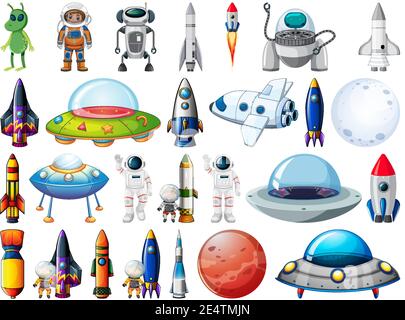 Set of space objects and elements isolated on white background illustration Stock Vector