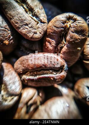 Roasted coffee beans in close-up. Group of objets, food, still life, alimentation, beans Stock Photo