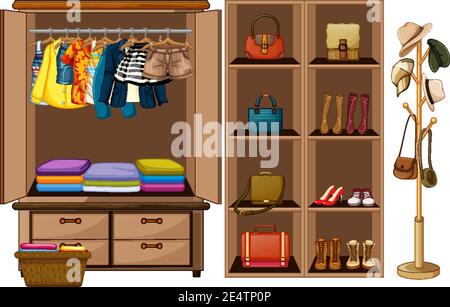 Clothes hanging on a clothesline with accessories in wardrobe illustration Stock Vector