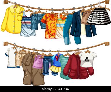 Many clothes hanging on a line on white background illustration Stock Vector