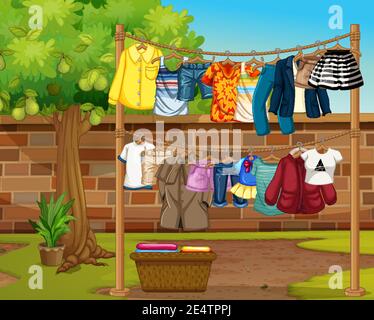Clothes hanging on clotheslines outdoor scene illustration Stock Vector