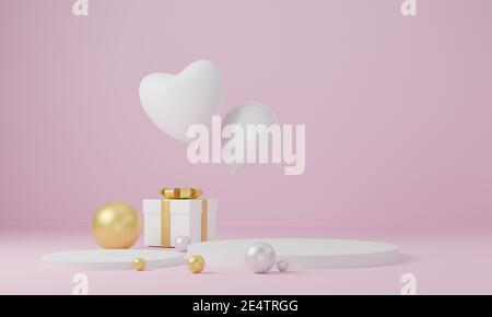 Cylinder podium with hearts and pink gift box and pink balloon pedestal ...