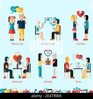 Relationship concepts set with phone call online chat conflict romance holiday dating vector illustration Stock Vector