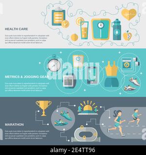 Jogging banner horizontal set with health care metrics marathon elements isolated vector illustration Stock Vector