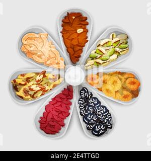 Nuts and dried fruit raw food assorted in bowls vector illustration Stock Vector