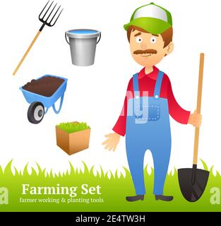 Farmer man avatar with farming working and planting tools set vector illustration Stock Vector
