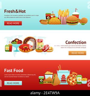 Fast food horizontal banner set with donuts soda potato chips isolated vector illustration Stock Vector