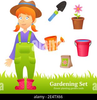 Farmer woman with decorative gardening icons set vector illustration Stock Vector