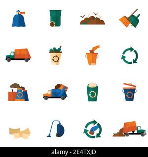 Garbage icons flat set with dumpster trash bin cleaning bulldozer isolated vector illustration Stock Vector
