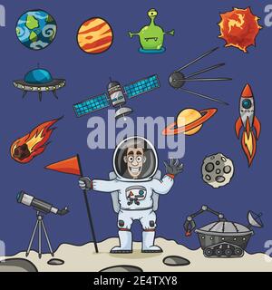 Space elements set with rocket ufo satellite and astronaut vector illustration Stock Vector