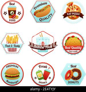 Fast food emblems set with donut soda potato chips isolated vector illustration Stock Vector