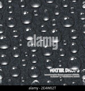 Realistic water drops on black textured background seamless pattern vector illustration Stock Vector
