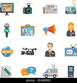 Journalist icon flat set with camera microphone tv van isolated vector illustration Stock Vector