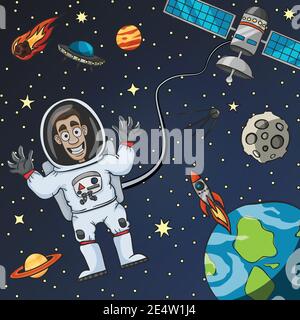 Cartoon astronaut in space with satellite moon earth and flying saucer on background vector illustration Stock Vector