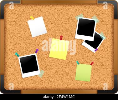 Cork notice board with paper message notes photos and pushpins isolated on white background vector illustration Stock Vector