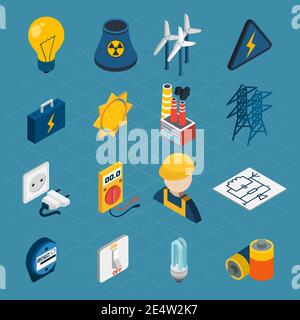Electricity isometric icons set with lightbulb windmill electrician toolbox isolated vector illustration Stock Vector