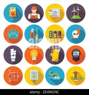 Electricity icon flat set with electric energy power equipment test toolbox isolated vector illustration Stock Vector