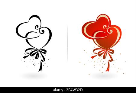 Two hearts with two colors variation, monochrome and red gold gradient. isolated white backgrounds. Applicable for valentines day, greeting cards Stock Vector