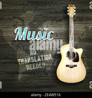 Realistic acoustic guitar on wooden background with world map vector illustration Stock Vector