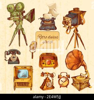 Retro devices sketch colored decorative icons set with microphone tv gramophone isolated vector illustration Stock Vector