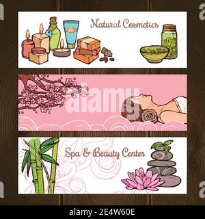 Spa beauty center natural cosmetics sketch horizontal banners set isolated vector illustration Stock Vector