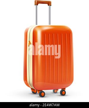 Orange travel plastic suitcase with wheels realistic on white background vector illustration Stock Vector