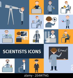 Scientists character icon set with mathematician explorer chemist physicist avatars isolated vector illustration Stock Vector