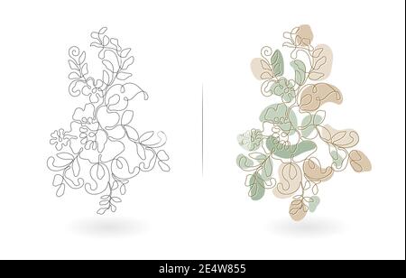 Flowers lines art design, Floral hand drawn vector with two models colors monochrome and pastel, applicable for invitation cards, greeting cards Stock Vector