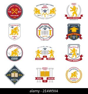 University labels colored set with heraldic animals and decorative frames isolated vector illustration Stock Vector