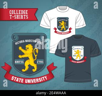 T-shirts decorative icons set with college university golden lion labels vector illustration Stock Vector