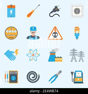 Electricity icons set with voltmeter wire screwdriver electrician warning sign isolated vector illustration Stock Vector
