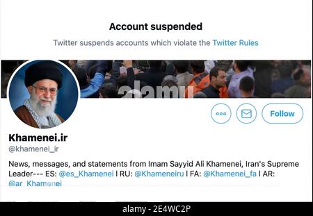 An image tweeted by Iran's supreme Leader Ayatollah Seyed Ali Khamenei, calling for revenge 2020 general Qasem Soleimani death, against Donald Trump. @khamenei site Twitter account threatening former US president Donald Trump, with a doctored image of him playing golf under a shadow of a drone. Khamenei account suspended after tweet. The tweet of the golfer-drone photo violated the company’s “abusive behavior policy,” Twitter’s spokesman. Tehran, Iran, January 21, 2021. Photo by SalamPix/ABACAPRESS.COM Stock Photo