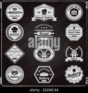 Vintage design premium quality family bakery chalkboard fresh bread emblems labels collection outline abstract isolated vector illustration Stock Vector