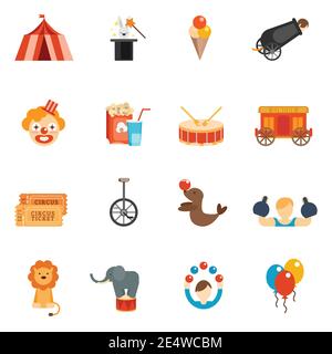 Circus performance icon flat set with tent clown rabbit in hat isolated vector illustration Stock Vector