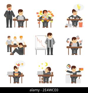 Stress at work dropping results graphic angry boss cartoon characters flat icons set abstract isolated vector illustration Stock Vector
