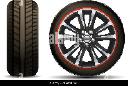 Realistic shining disk car wheel tyre set isolated vector illustration Stock Vector