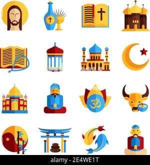Religion icon set with christian islamic and oriental symbols isolated vector illustration Stock Vector