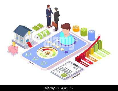 Credit score report, personal rating information online, isometric flat vector illustration. Stock Vector