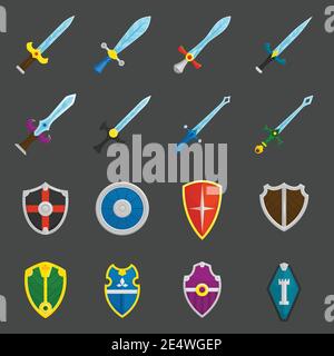 Antique weapon color icons set with heraldic battle shields and crusader knights swords abstract isolated vector illustration Stock Vector