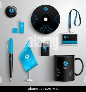 Corporate identity blue and black design set with cup pen cd and id card isolated vector illustration Stock Vector