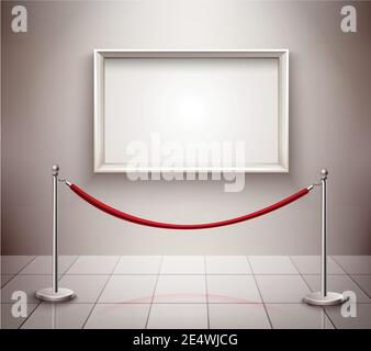 White empty picture frame and rope stanchion realistic exhibition background vector illustration Stock Vector