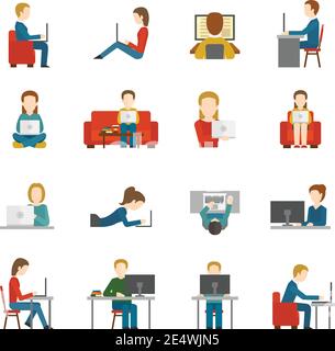 People working on computer and home and in office flat icons isolated vector illustration Stock Vector