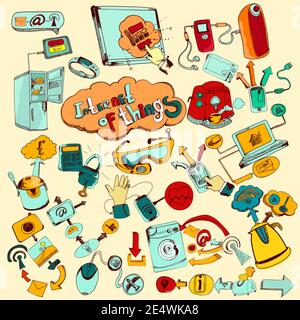 Internet of things doodles colored set with remote control home network elements vector illustration Stock Vector