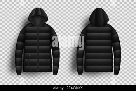 Black puffer jacket mockup set, vector isolated illustration. Realistic modern hooded down jacket, front and back view. Stock Vector