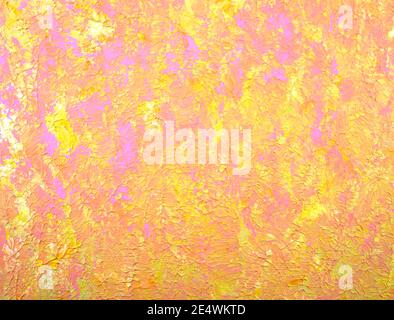 Abstract painting background. Acrylic yellow, gold, purple pink color painted on canvas. Handmade, hand drawn. Flat lay, overlay, artwork, display. Stock Photo