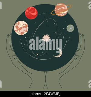 Hands holding solar system planets in ball, cosmos Stock Vector Image ...
