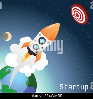 Business startup concept with flat rocket launch starting from earth vector illustration Stock Vector