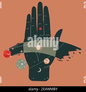 Palm and celestial bodies, planets stars on hand Stock Vector