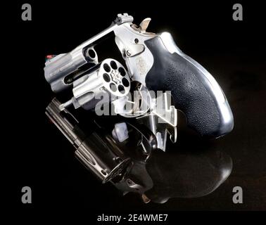 Dallas, Texas - Jan 2021   Smith and Wesson 357 magnum revolver six shooter. Sometimes called a snubnose. Stock Photo