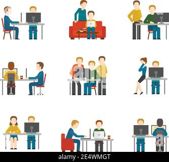 Coworking center icons set with freelancer designer colleagues creative group working isolated vector illustration Stock Vector